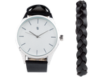 AURIOL® Watch and Jewellery Set: silver watch with white face, black leather strap, and braided bracelet.