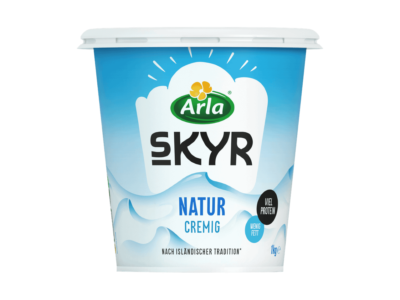 Naturjoghurt im Becher mit der Aufschrift 'Natur Cremig', 'Viel Protein' und 'Wenig Fett'.