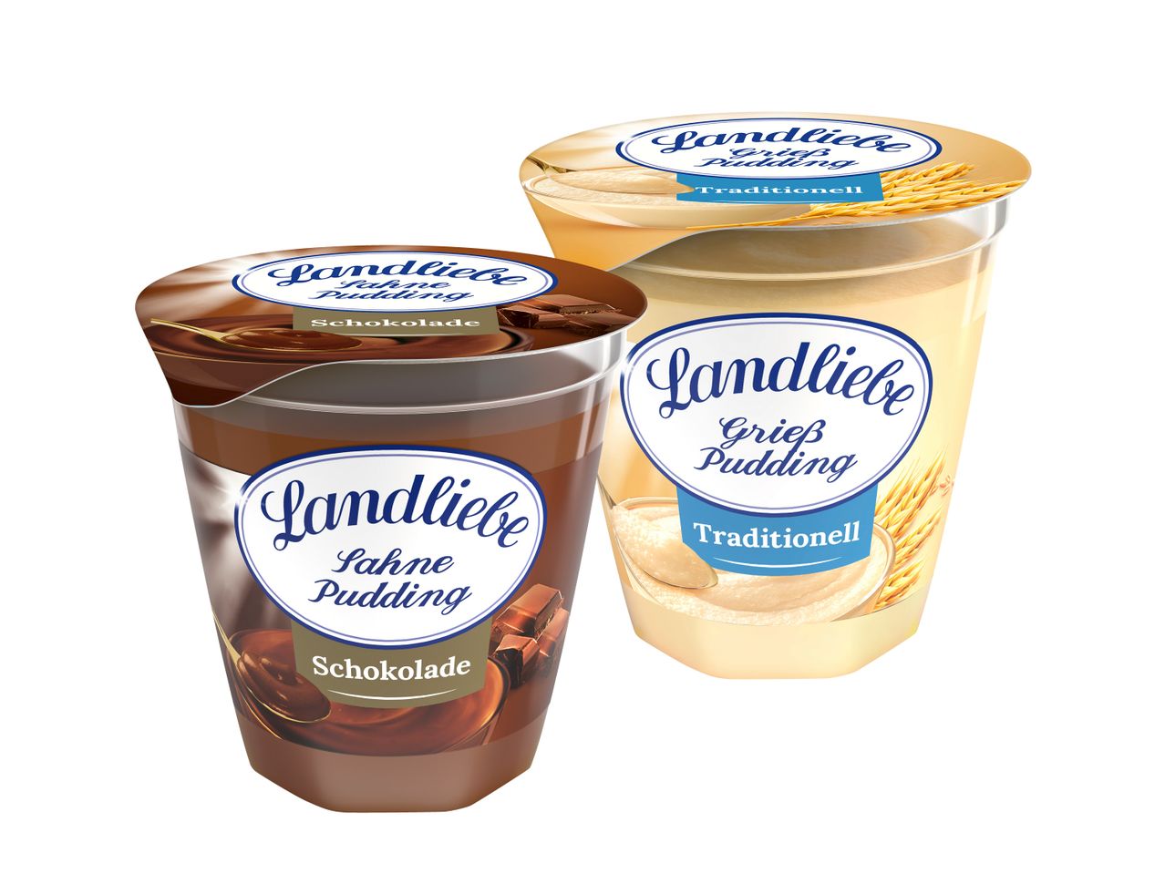 Drei Landliebe Pudding-Becher: Grießpudding traditionell und zwei Schoko-Sahne-Puddings.