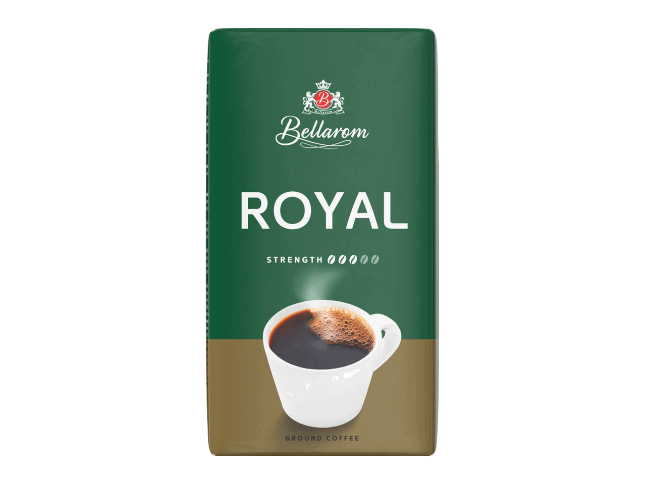 Maltas kafijas iepakojums ar uzrakstu “ROYAL”, stipruma norādi un kafijas tasi.