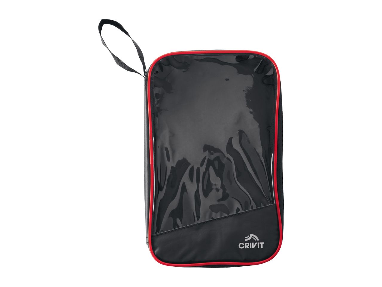 Black shoe bag with a clear front panel, red trim, and a black carrying strap.