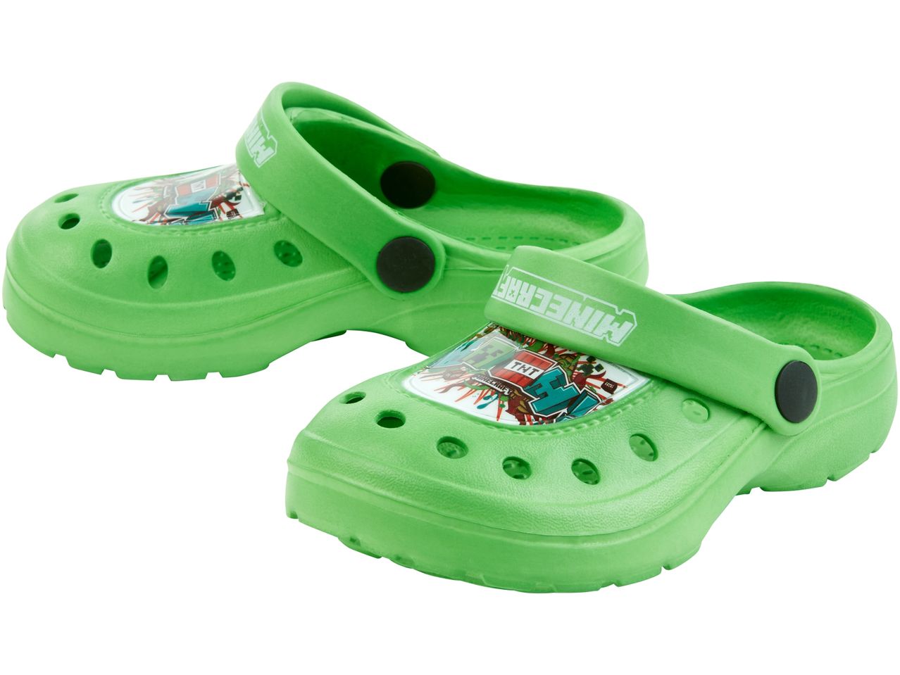 Pair of Minecraft green children's clogs with a cartoon design.