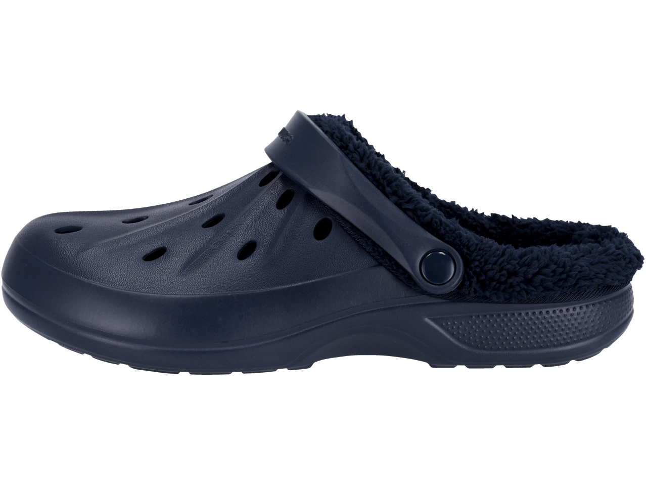 Navy blue lined clogs with ventilation holes and a back strap