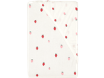 White fitted sheet with a pattern of red and pink strawberries