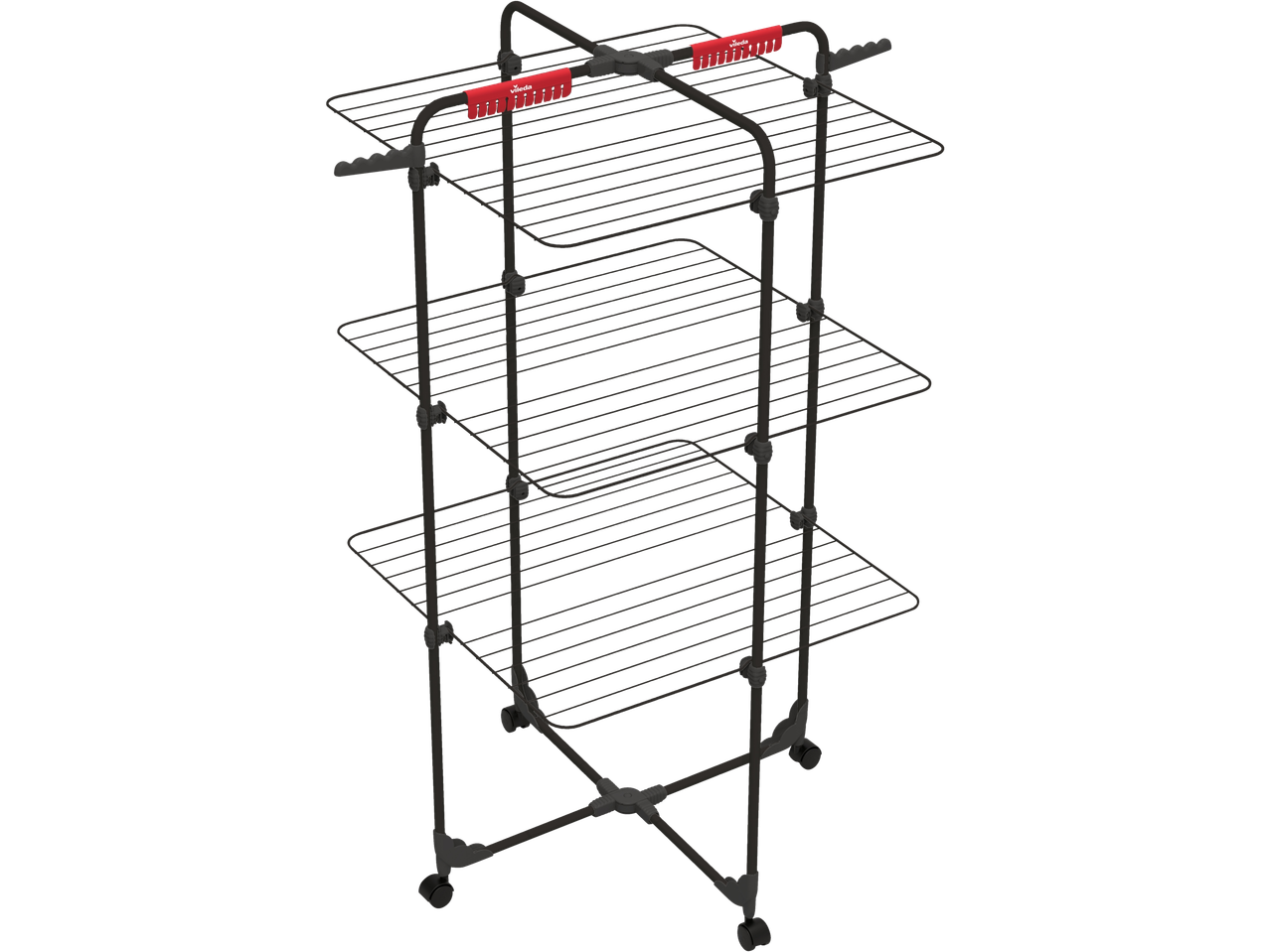 Black three-tier clothes drying rack with red accents and wheels.