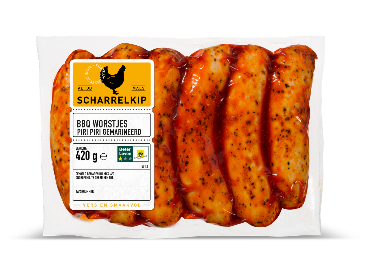 Scharrelkip BBQ worstjes, Piri Piri gemarineerd.