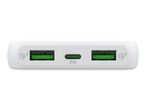White power bank with two USB-A ports (Quick Charge 3.0) and one USB-C PD port.