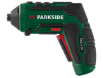 Акумулаторен винтоверт Parkside PAS 4 D7 в зелено и черно с червени акценти.