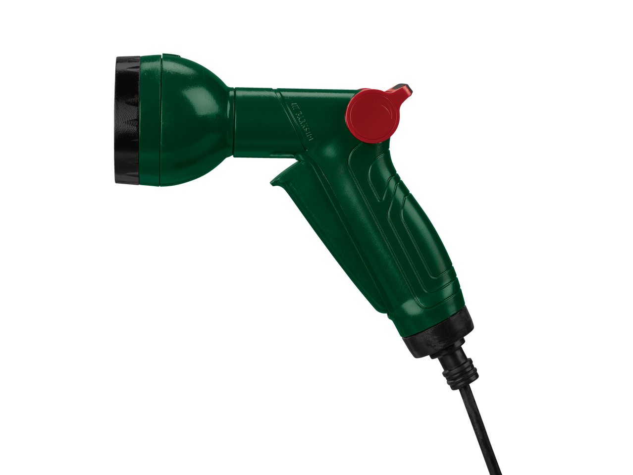 Zaļš Gardena smidzinātājs ar sarkanu pogu.