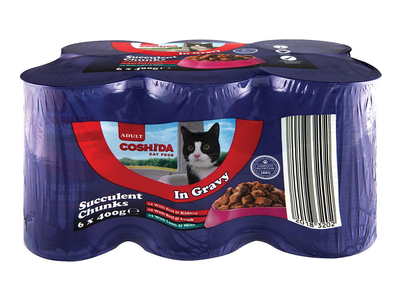 6 cans Coshida cat food, succulent chunks in gravy.