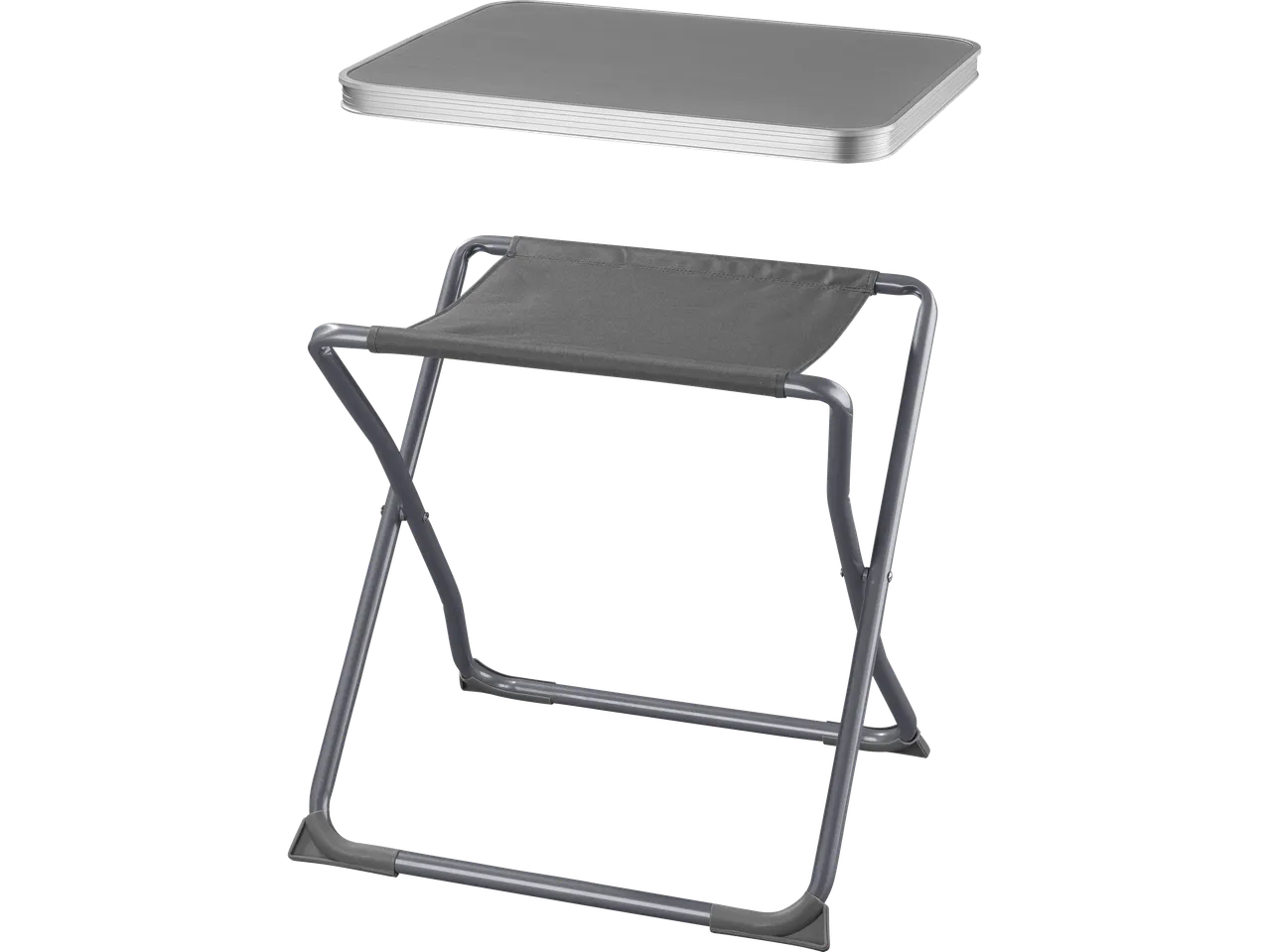 Folding table and stool: aluminum top, fabric seat.
