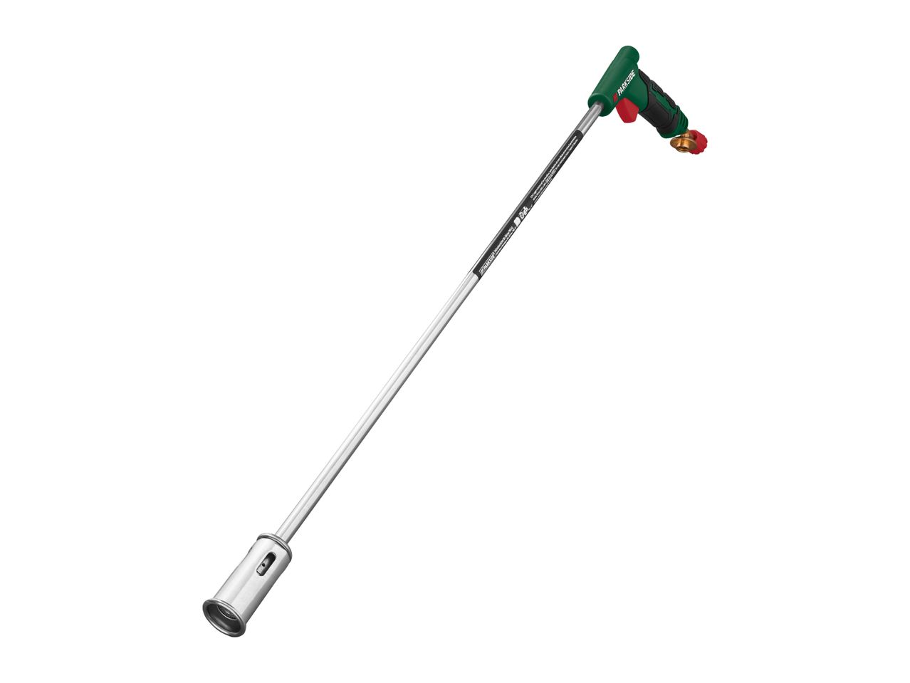 Weed burner with a green and black handle and a long silver shaft.