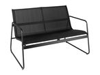 Black metal and mesh two-seater outdoor bench with armrests.