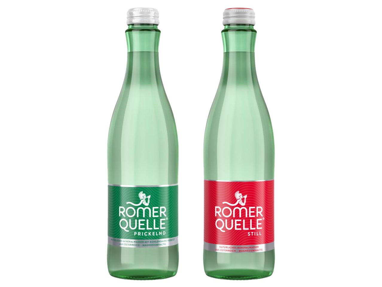 Zwei Flaschen Römerquelle Mineralwasser: eine prickelnd, eine still.