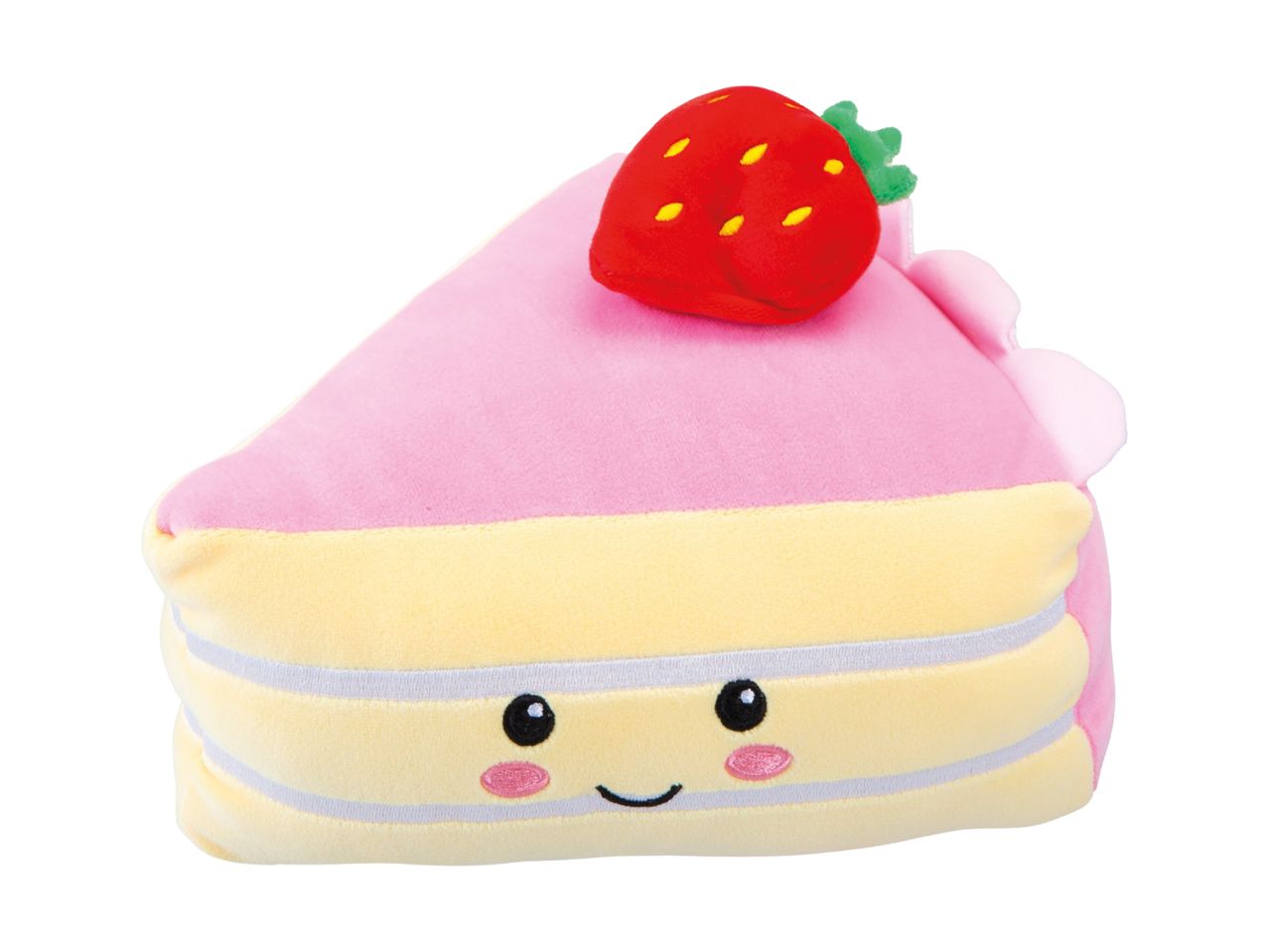 A plush slice of cake with pink frosting, a strawberry, and a smiling face.