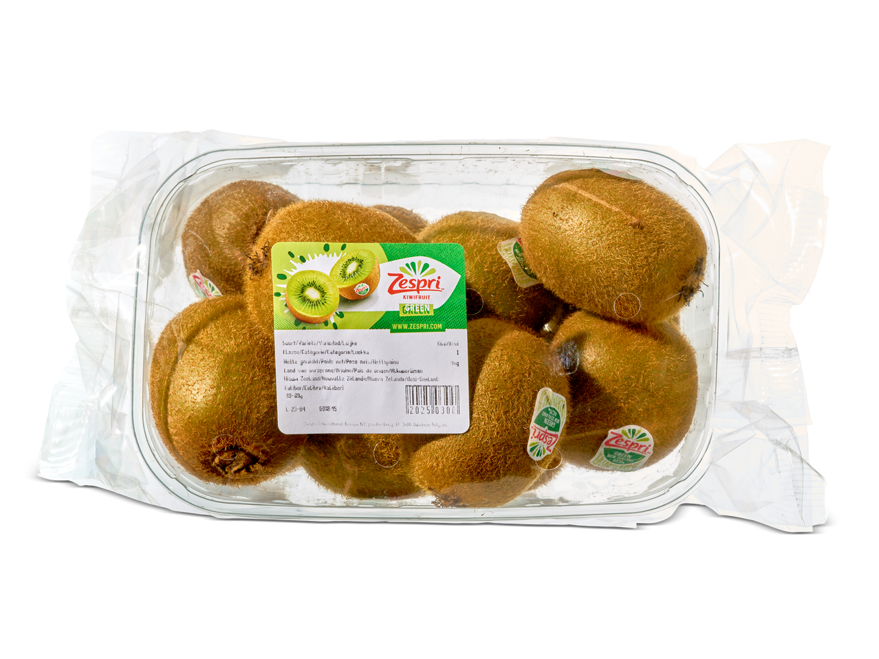 Een plastic bakje met harige groene kiwi's van 1 kg.