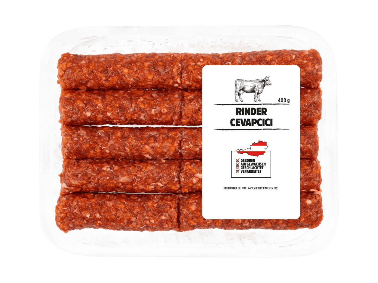 Rinder Cevapcici in einer Packung mit 400g und Herkunftsangaben.