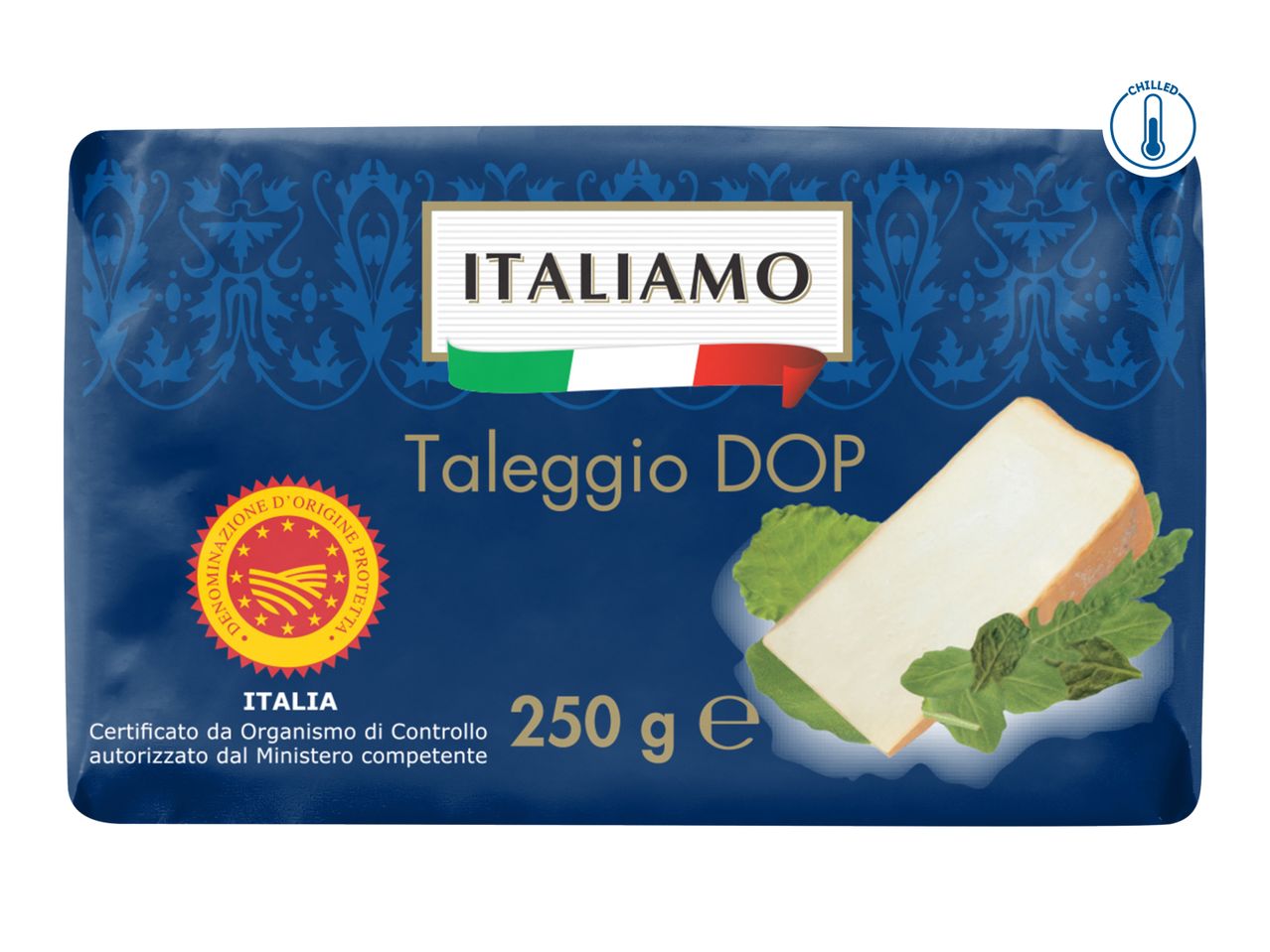 Chilled Taleggio DOP cheese, 250g, with Italian origin certification.