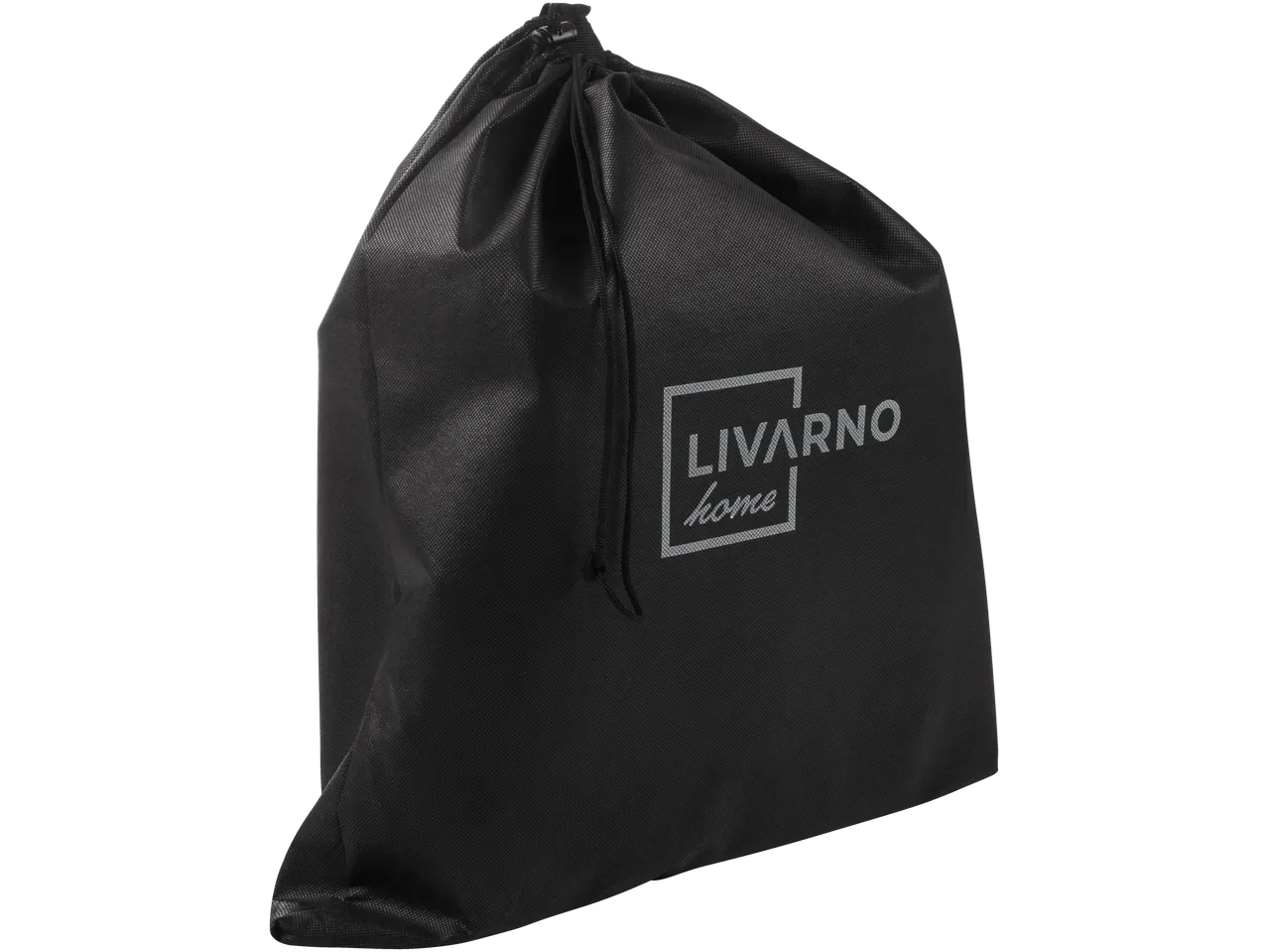 A black Livarno Home drawstring bag sits on a black background.