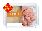 Pakke med kalkunbryst i strimler med et rødt mærke, der siger 'Fast lav pris'.