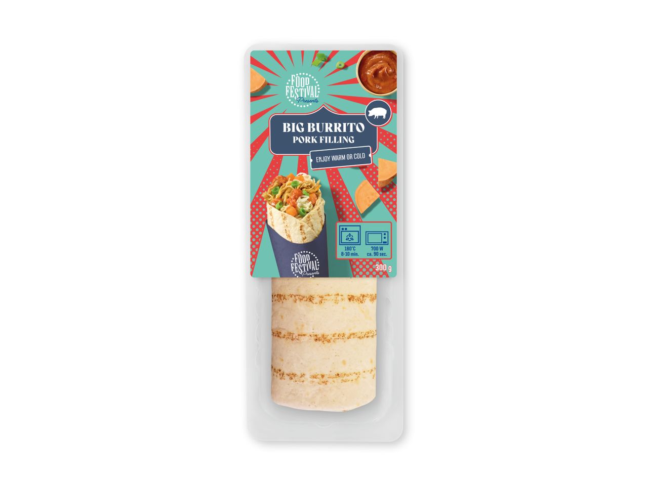 En pakke med en stor burrito med svinekødsfyld, klar til at blive opvarmet eller spist kold.