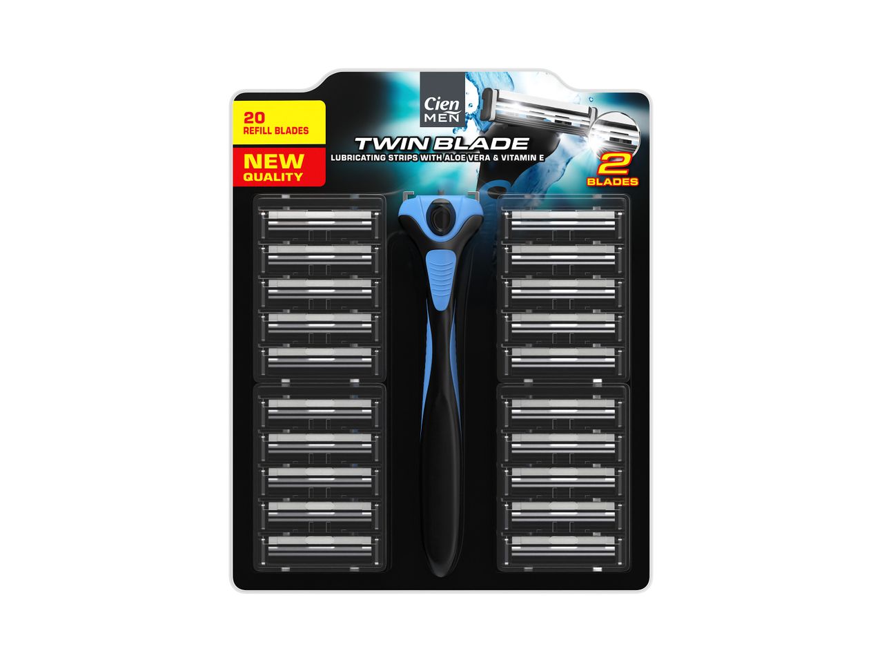 Опаковка Cien Men Twin Blade самобръсначка с 20 резервни ножчета и 2 ножчета.