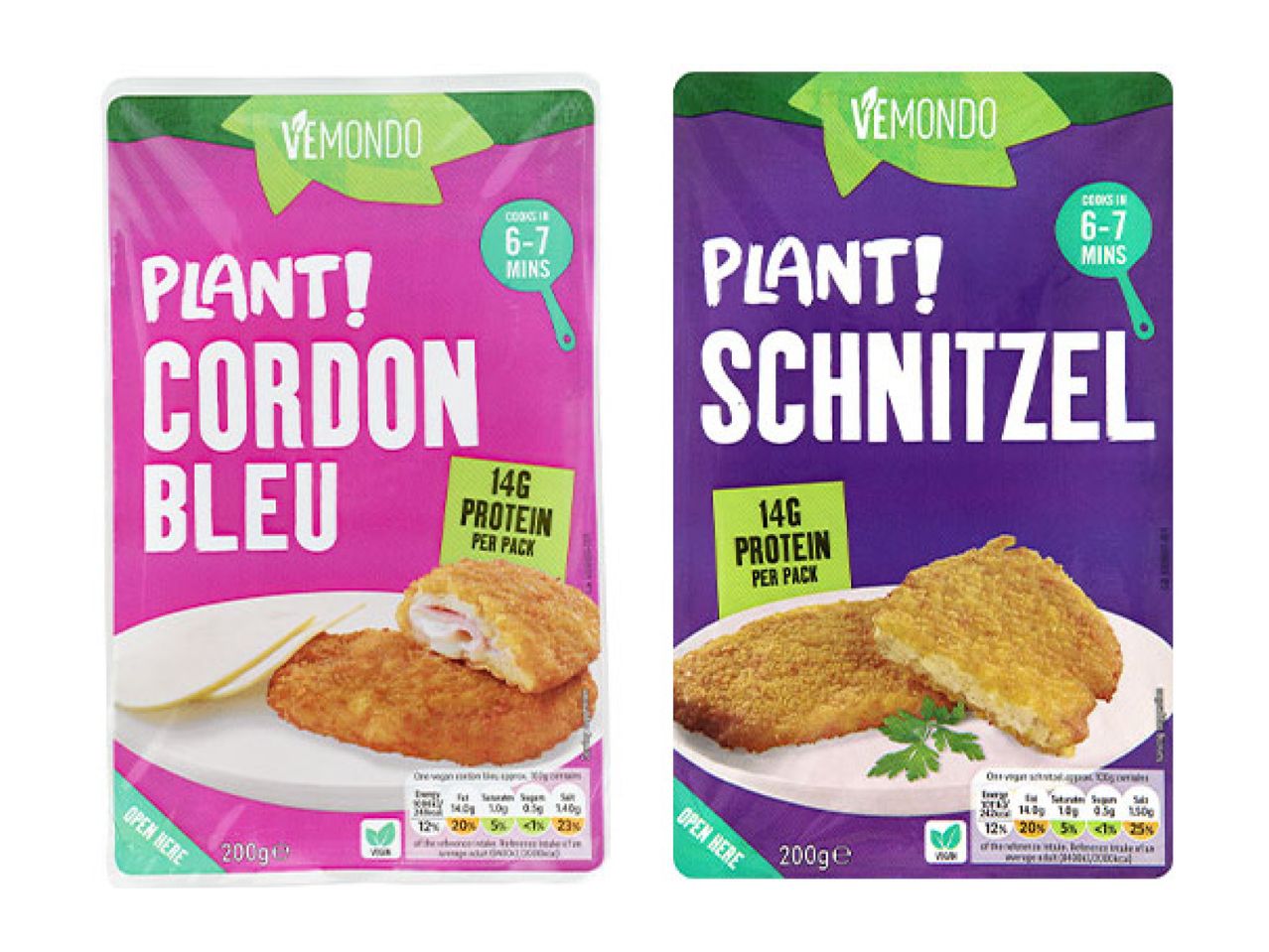 Two plant-based ready meals: Cordon Bleu and Schnitzel, both with 14g protein per pack.
