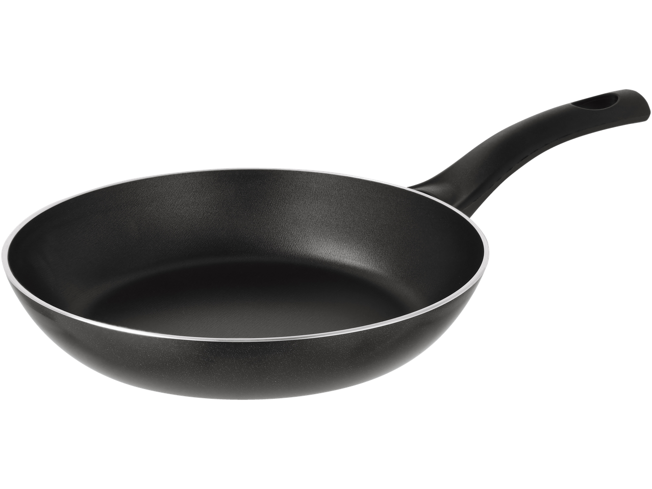 A black non-stick frying pan with a curved handle.