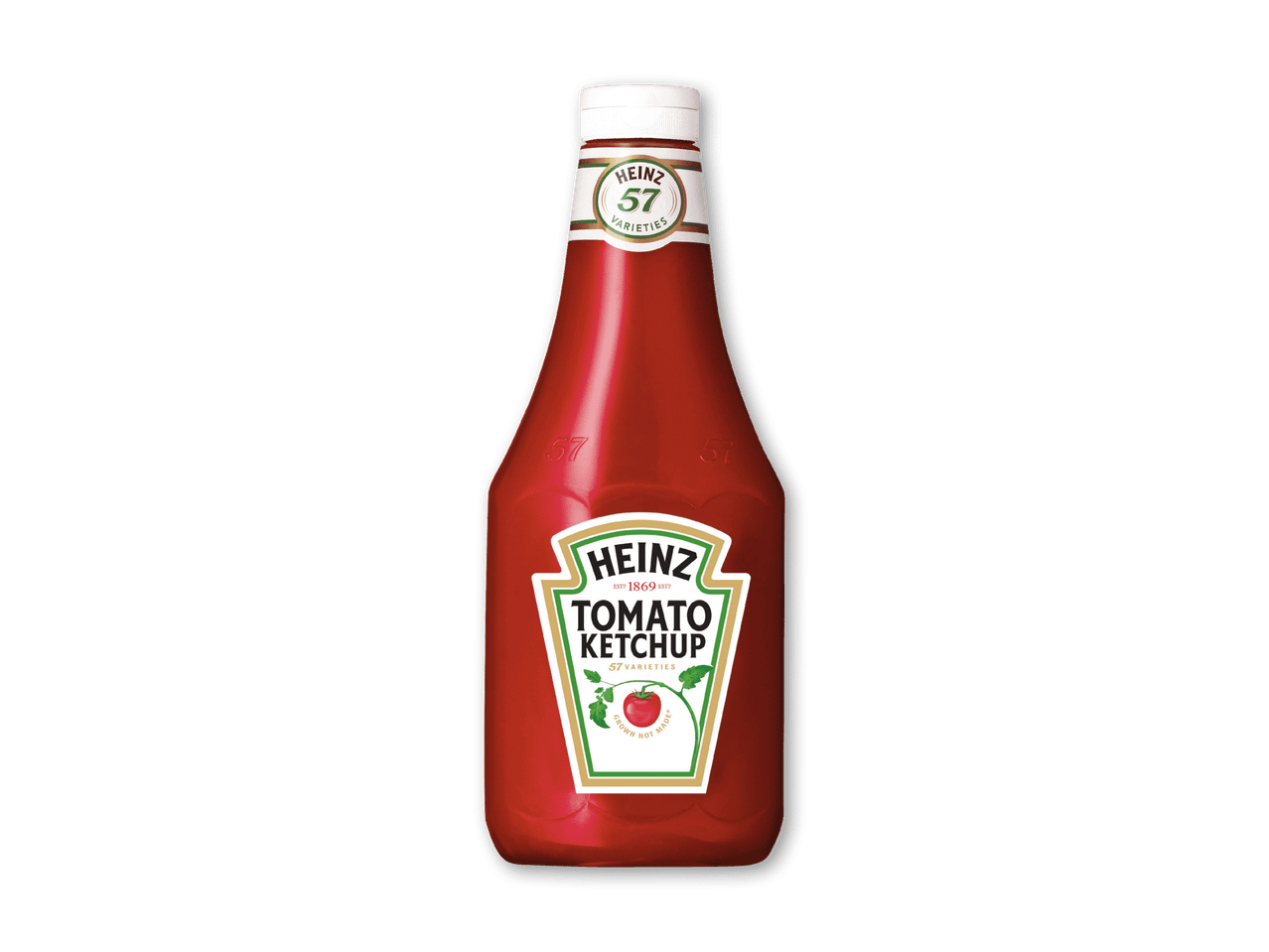 En flaske tomatketchup med et hvidt låg og etiket, der fremhæver 57 varianter og en tomat.