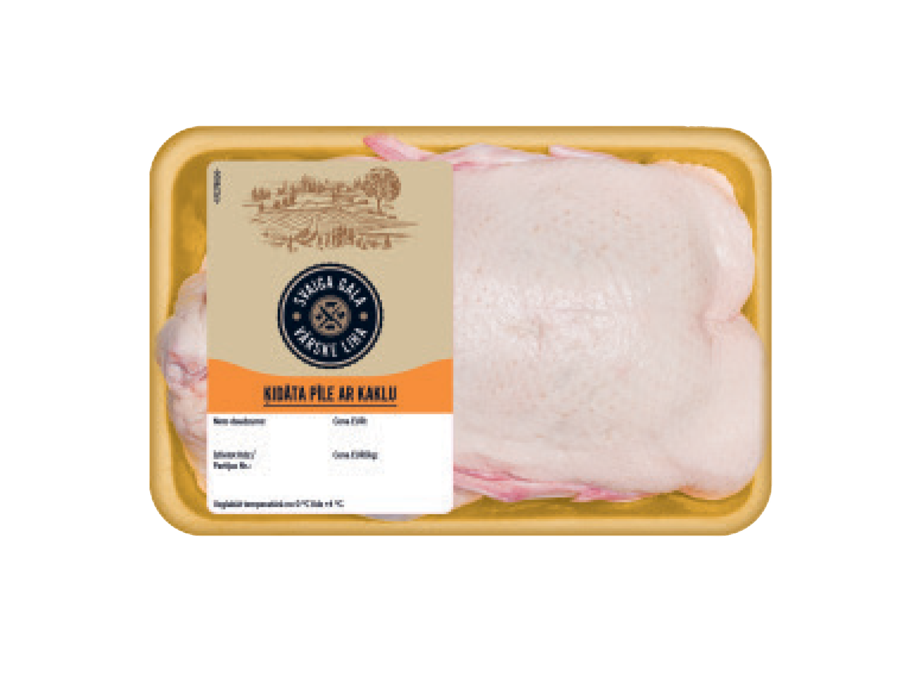 Vistas fileja ar kaklu dzeltenā iepakojumā ar lauku ainavas etiķeti.