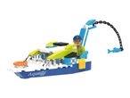 Toy boat with a minifigure, fishing for a blue fish, with 'Aqua' written on the side.