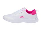 White and pink athletic shoe with mesh upper and white laces