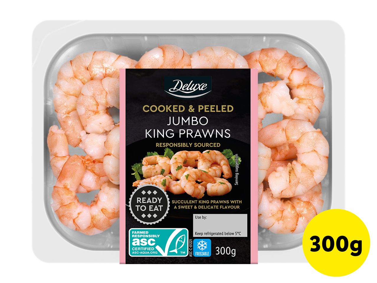 Cooked and peeled jumbo king prawns in a clear tray with a black and pink label, 300g.