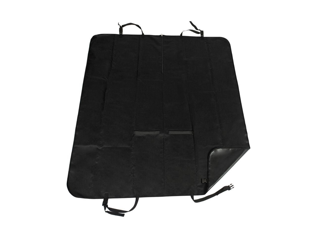 Black car back seat cover with straps and pockets.