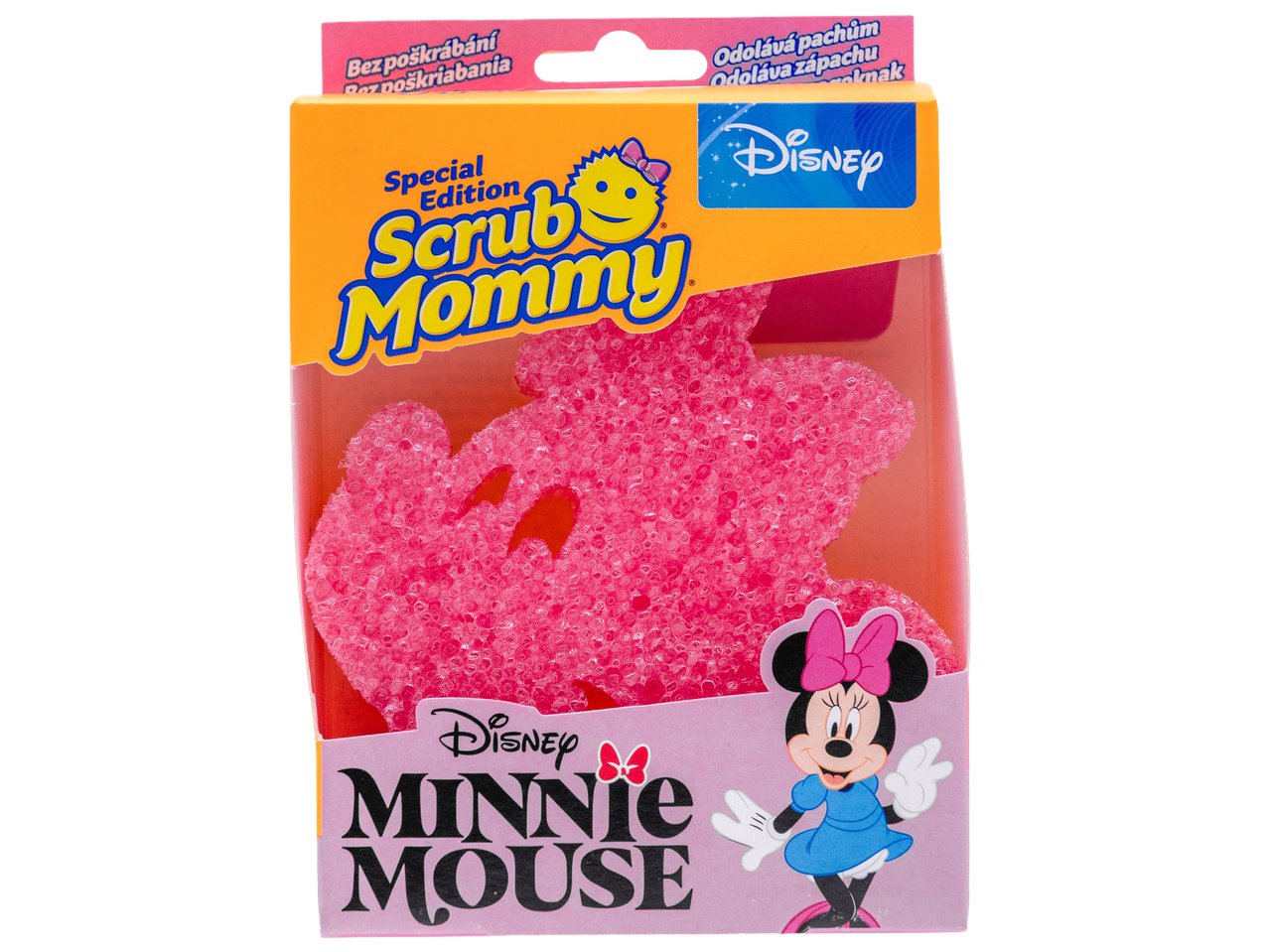 Rózsaszín Minnie egér alakú súrolószivacs átlátszó csomagolásban.