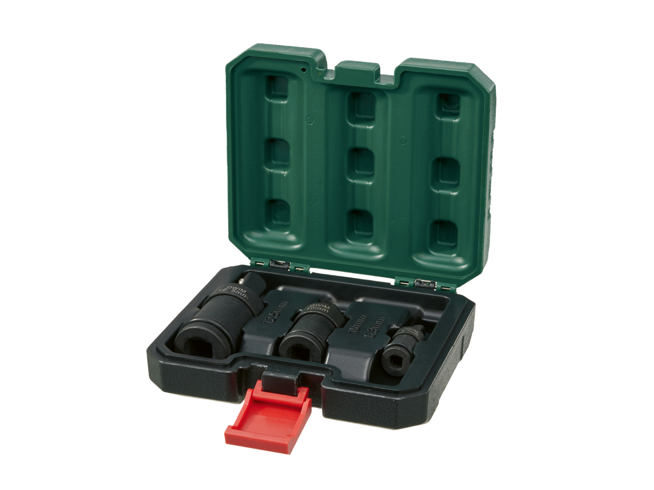 PARKSIDE uzgriežņu atslēgu komplekts atvērtā zaļā kastē, ar melnām uzgaļiem dažādos izmēros.