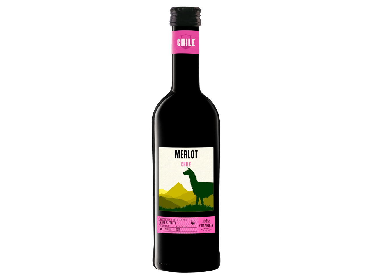 Vin rouge Merlot du Chili avec une étiquette représentant un lama et des montagnes.