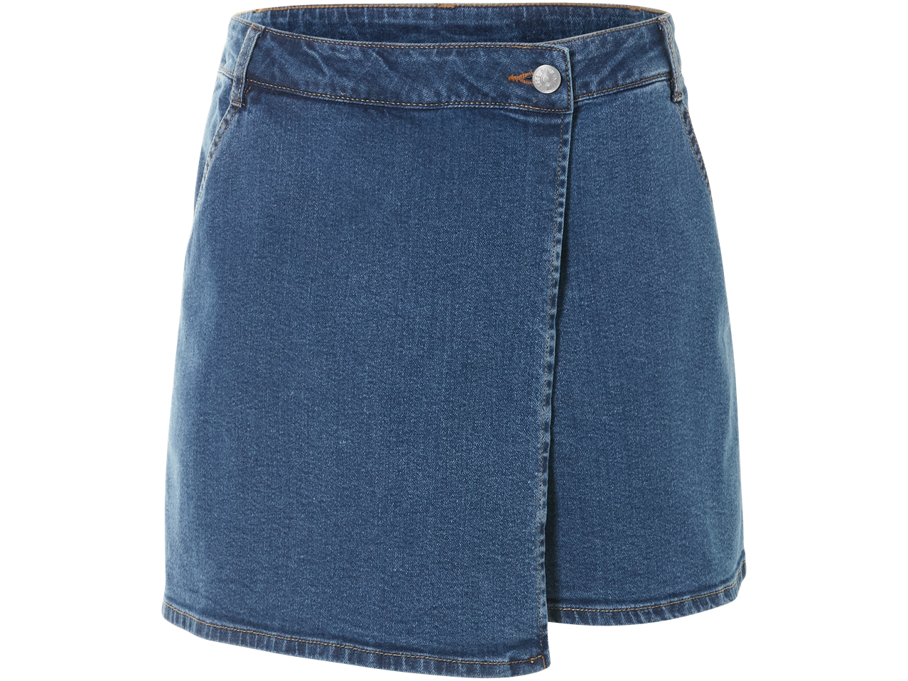 Une jupe en jean style portefeuille.
