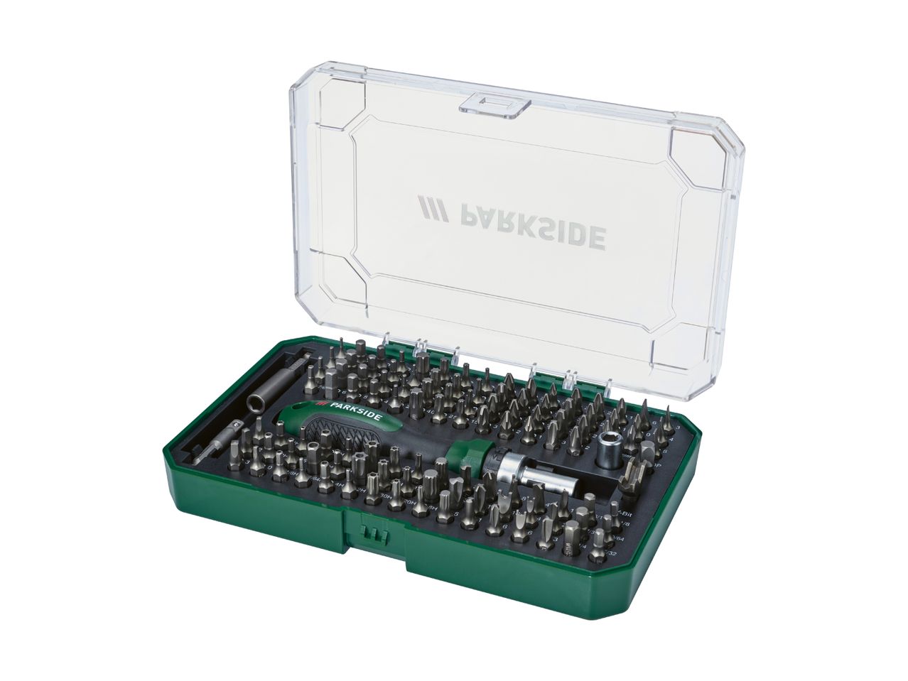 A large set of screwdriver bits in a green plastic case.