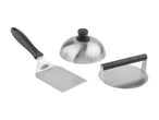 Stainless steel spatula, dome, and hamburger press.