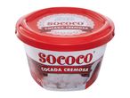 Red and white tub of creamy coconut dessert, with text 'sobremesas prontas' and '335g'.