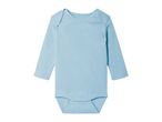 Light blue long-sleeved baby bodysuit with snap closures.