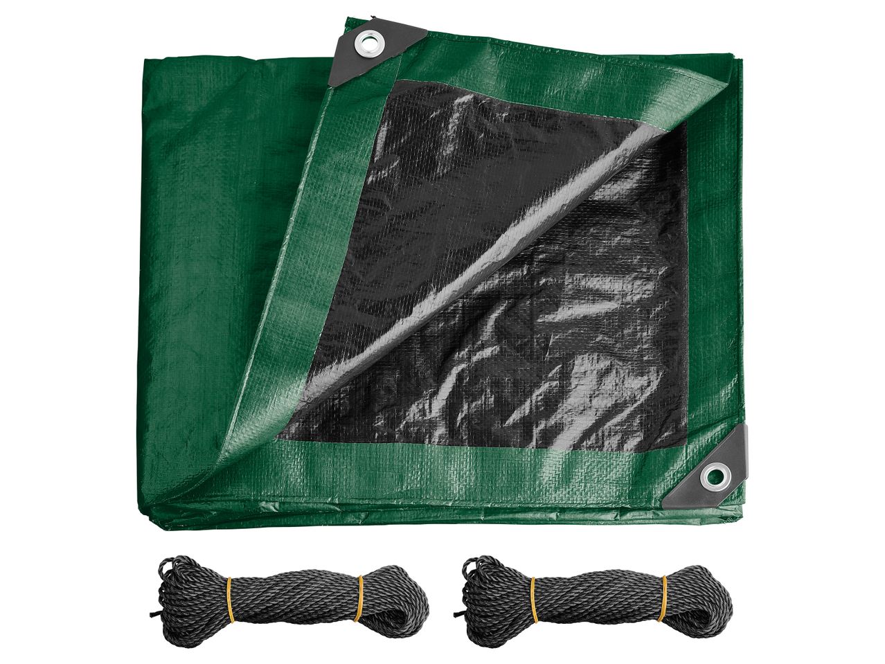Telo multiuso verde e nero con due corde nere arrotolate.
