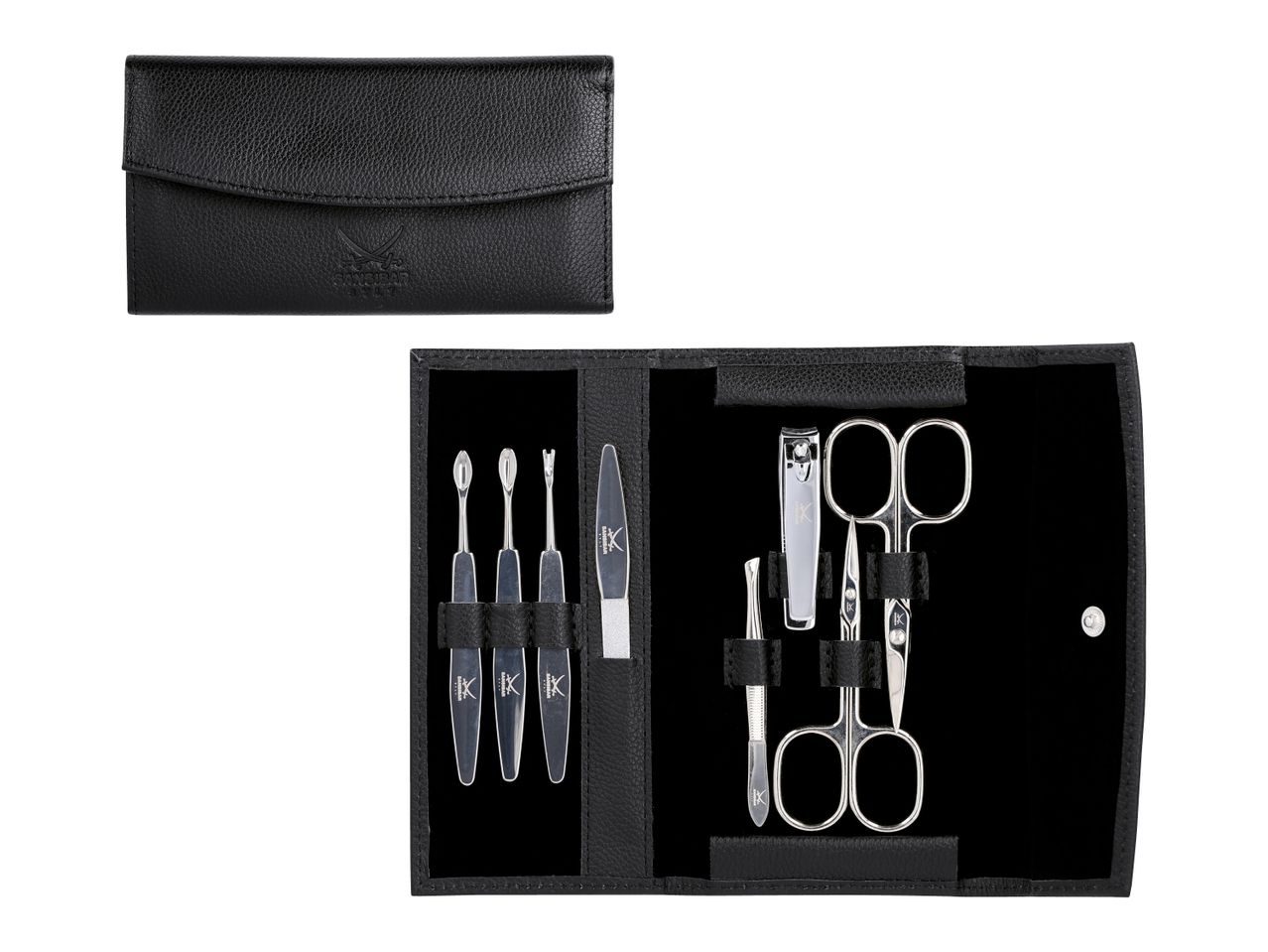 Maniküre-Set in schwarzem Lederetui mit Nagelschere, Nagelknipser und Pinzette