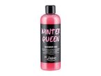 Pink shower gel bottle with a black label featuring 'Winter Queen' and scent description.
