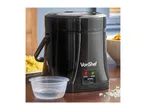 A black VonShef rice cooker on a wooden table with a measuring cup and rice.