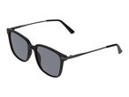 Black sunglasses with dark gray lenses and thin metal arms, angled view.