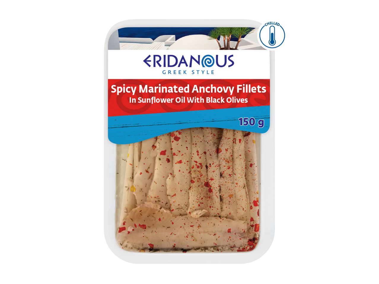 Spicy Marinated Anchovy Fillets in Sunflower Oil with Black Olives, 150g, Greek Style, Chilled.