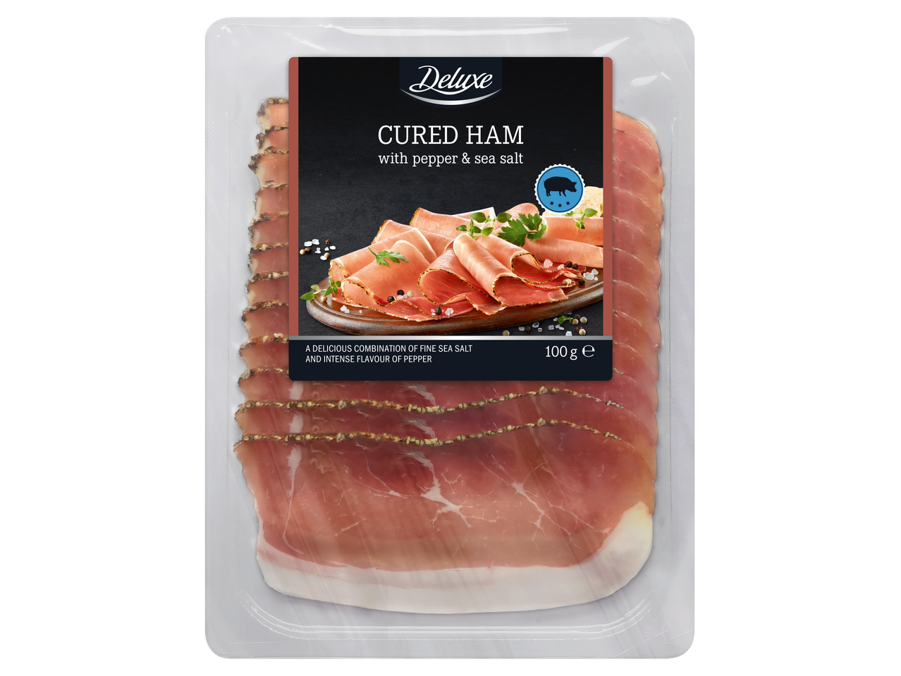 Deluxe zīmola marinēta cūkgaļas šķiņķis ar pipariem un jūras sāli.