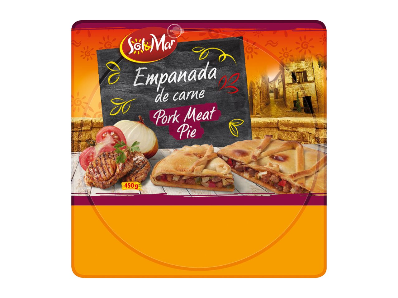 Pork meat pie packaging with grilled meat, onion, and tomatoes, set against a rustic street scene.